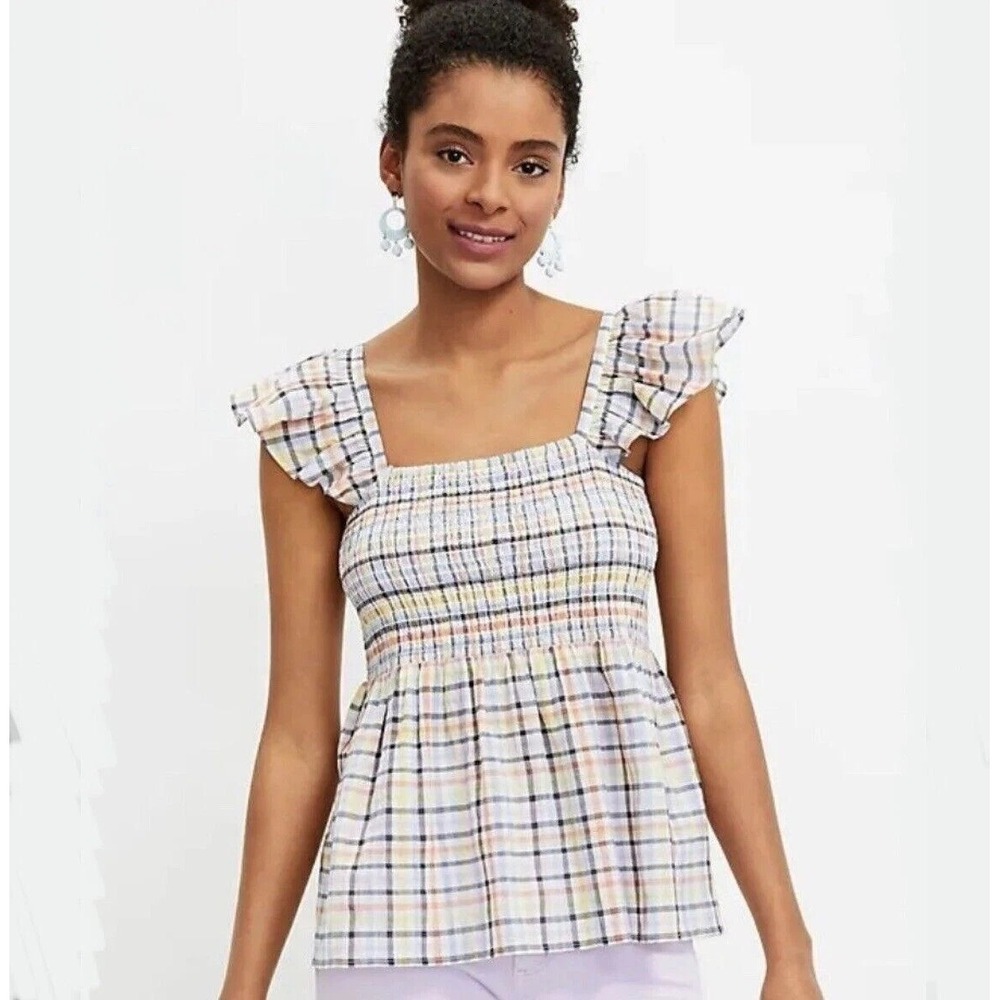 LOFT Petites Rainbow Plaid Smocked Flutter Sleeve Peplum‎ Top LP Square Neck